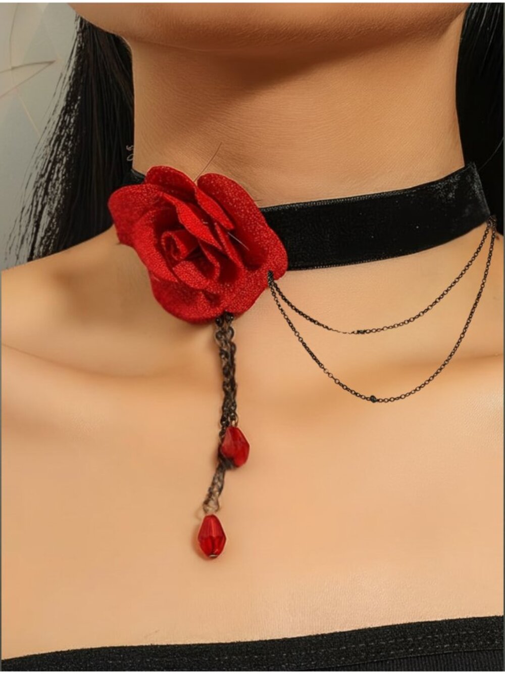 Black Velvet Choker Red Rose Beaded Chain Necklace Elegant Gothic Cosplay